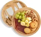 Round Bamboo Charcuterie Board with Knife Set Slide-Out Drawer Wooden Cheese Cut