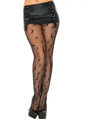 Celestial Star and Moon Print Fishnet Stockings
