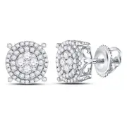 14kt White Gold Round Diamond Circle Frame Cluster Earrings 1 Cttw