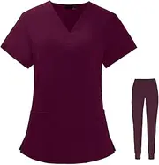 [Tadill] Uniform Scrub Set Top and Pants Enhanced Comfortable Unisex with V Neck Stretch Work Clothing Suit for Beauty Salon Women, Red S