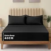 Hotel Comfort King Single Fitted Sheet Set/2 Pieces 2000TC Ultra Soft Durable Brushed Microfiber Bed Set/Extra Deep Pocket Fitted Sheet & 1 x Pillow case (King Single/Black)