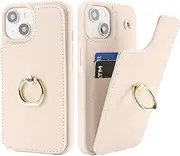 Lipvina for iPhone 15 Plus Case with Card Holder,Credit Card Holder,Ring Stand Kickstand,Flip Leather Shockproof Cute Phone Wallet Case for Women (6.7 inch,Beige)