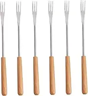 Zerodeko 6Pcs Wood Handle Stainless Steel Fondue Forks Heat Insulating Dessert Forks for Fruit and BBQ for Outdoor Picnics and Camping