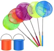 5Pcs Adjustable Telescopic Nets & 2Pcs Foldable Buckets Fun Educational Outdoor Perfect for Kids Kit Outdoor Toy Adventure Fish Bridge Catcher Foldable Crab cage Small Fishing Bug nets Casting
