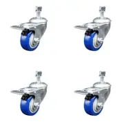 3 Inch SS Blue Polyurethane ½ Inch Threaded Stem Caster Set Total Lock Brake