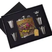 Spring Flowers in Blue Pot Leather Flask Black Box Gift Set