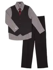 Boys 4 Piece Suit Black & Red Check Dress Up Holiday Outfit Vest & Tie Set 4