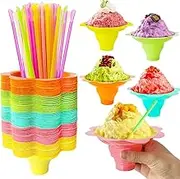 Jnnzzggu 200Pcs 4 oz Colorful Flower Snow Cone Cups with Spoon Straws,Plastic Shaved Ice Cups,Reusable Ice Cream Snack Small Bowls for Kids,Holiday,Birthday Party,Summer Cookout