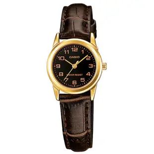 CASIO / 卡西歐 簡約時尚 數字刻度 壓紋皮革手錶 情侶對錶 / 黑x金框x深褐 / 38mm+25mm