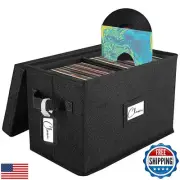 Vinyl Record Storage Box for 7"/45 RPM LPs, Black Case with Lid Holds up to 8