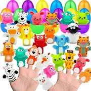 AMENON 36 Pieces Prefilled Easter Eggs Filled,18 Animal Finger Puppets+18 Easter Basket Stuffer,Fidget Toys Surprise Egg Easter Eggs Hunt, Easter Theme Party Favors, Classroom Prize Supplies