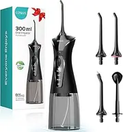 COSLUS Water Dental Flosser Pick for Teeth: 4 Modes Portable Cordless 300ML Larger Tank, Oral Irrigador IPX7 Waterproof Rechargeable Water Teeth Cleaner Flossing Cleaning Picks for Travel Home Black