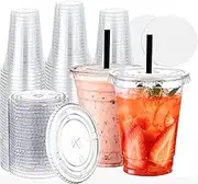100 Pack 18oz Clear Plastic Cups with Lids & Straws -Leak-Proof Paper & Cartoon Sticker， BPA-Free Reusable Cold Drink Cups for Smoothies, Juice, Bubble Tea, Iced Coffee Party, Cafe, Takeaway Supplies