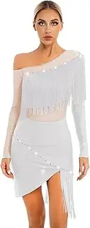 [Riismen] Women's Rhinestones Latin Dance Dress Tassels Fringe Salsa Tango Rumba Ballroom Dancing Costume