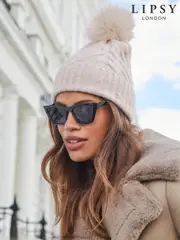 Lipsy Natural Cosy Cable Pom Beanie Hat With Wool (AY9686) | $21