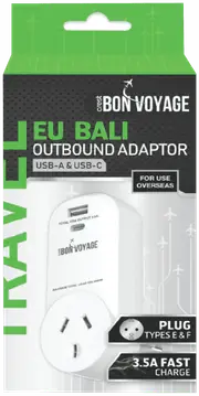 Bon Voyage Travel Adaptor AU to EU (2 USB Ports)