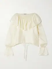 [BODE] BODE - Claret Off-the-shoulder Ruffled Pointelle-trimmed Hammered-silk Blouse - Ivory - large large Ivory