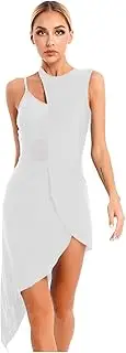 [Yhong] Women Mesh Patchwork Lyrical Ballet Dance Dress Sleeveless Irregular Skirted Latin Tango Ballroom Dancewear