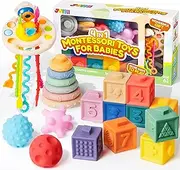 JOYIN Baby Toys - Montessori Toys for Babies 6-12 Months, Food-Grade Sensory Present Infant Stacking Circles Teether, Blocks, 3D Stress Balls, Pull String, Baby Girls Boys Learning Gifts