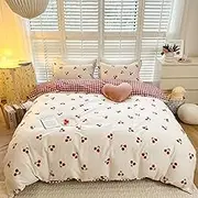 BlueBlue Cherry Kids Duvet Cover Set Queen 100% Cotton Bedding for Boys Girls Teens Cartoon Red Cherries Pattern on White 1 Cute Fruit Full Comforter Cover 2 Pillow Shams (Queen)