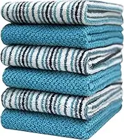 Kitchen Towels 16”x 26”- 6 Pack | Large Cotton Kitchen Hand Towels | Dish Towels | Popcorn Stripe Design | 400 GSM Highly Absorbent Tea Towels Set with Hanging Loop | Dish Towels for Kitchen | Aqua