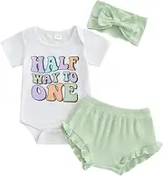 [Uobettsly] Baby Girl Half Birthday Outfit Half Way To One Short Sleeve Romper Ribbed Ruffle Shorts Headband 1/2 Birthday