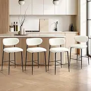 [OIKITURE] Bar Stools Set of 4 Kithen Dining Chairs in 68cm Height Seat with Boucle Fabric Padded Backrest, White & Black