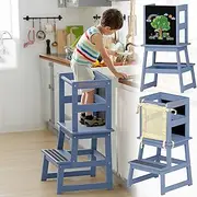 BrimbaKids Toddler Kitchen Tower Helper - Pine Wood - Grey - Montessori Learning Standing Tower for Kids 1-3 - CPC & FSC Certified - Supports 200 LBS