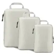 Set of 3 Compression Packing Cubes Super Thin and Sturdy Nylon Expandable Packing Organizer for Travel Accessories Luggage Suitcase (Beige)