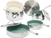Bloomhouse 8 Piece Triply Stainless Steel Pots and Pans Cookware Set W/Sage Green Non Toxic Pro Ceramic Non Stick Interior