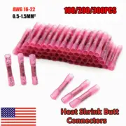 300X Heat Shrink Butt Wire Splice Seal Connectors Crimp Terminals Red 22-16 AWG