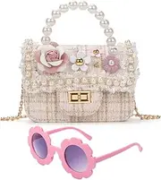 [LJCTULY] Little Girls Purse - Kids Crossbody Bag with Pearl - Flowers Mini Princess Handbags - Toddler Shoulder Bag for Shopping, Party, Vacation - Gift Purse for Girls (White), White