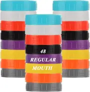 48 Pack Plastic Mason Jar Lids Regular Mouth, Reusable Mason Jar Lids with Silic