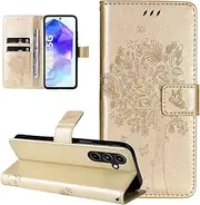 [Dcjlbo] Case for Samsung Galaxy A55 5G Mobile Phone Case with Card Slot Motif Flower Pattern Leather Folding Flip Case Mobile Phone Case Magnetic Protective Case for Samsung Galaxy A55 5G Gold