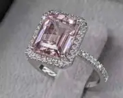 3CT Emerald Cut Lab-Created Morganite Halo Engagement Ring 14K White Gold Plated