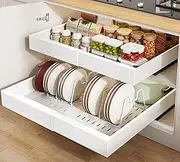 Seinloes 2 Pack Pull out Cabinet Organizer 21"Deep With Raising Pad for Framed Cabinets, Expandable Slide out Drawers for Kitchen Cabinets with 4pcs Divider Racks, Roll out Shelves 12.1"-20.4" W White