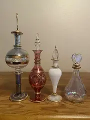 Four Unique Collectible Mouth Blown Egyptian Glass Perfume Bottles