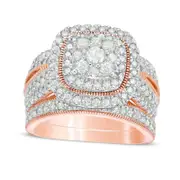 1.33 CT. T.W. Composite Natural Diamond Cushion Frame Antique Vintage-Style Bridal Engagement Ring Set in Solid 10K Rose Gold