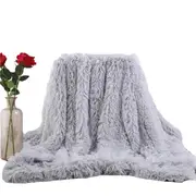 130X160cm Super Soft Long Coral Fleece Flurry Throw Blanket Grey Blankets