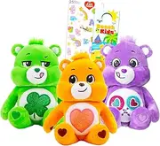 Care Bears Plush Set - 3 Pc Bundle with 9" Sparkly Glitter Care Bears Featuring Tenderheart Bear, Share Bear, Good Luck Bear Plus Stickers | Care Bears Plush Toys