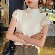 Short-Sleeve High Neck Plain Knit Top White - One Size