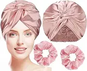 [YBVABE] Silk Hair Bonnet and Satin Scrunchies Set - Enjoy Comfortable Sleep and Stylish Hair Accessories - Waterproof Shower Cap - Protect & Style Hair Confidently - Elastic & Fashionable Hair Protection (Rose Gold)