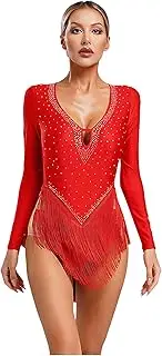 [Vxuxlje] Womens Sparkly Rhinestone Latin Dance Dress Deep V Neck Backless Long Sleeve Tassel Dress