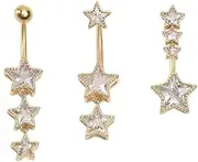 [Generic] 3Pcs 14G Stainless Steel Dangle Belly Button Rings for Women Unisex Hypoallergenic Cubic Zirconia Huggie Star Tassel Dangling Belly Navel Barbell Rings Belly Piercing Jewelry