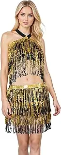 [Baisdan] Sequin Skirt for Women, Sparkly Mini Skirt, Sequin Tassel Skirts, Belly Dance Skirt & Top Set, Fringe Skirts, 2pack