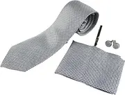 [Zasel] Mens Gunmetal & White Houndstooth Matching Neck Tie, Pocket Square, Cuff Links And Tie Clip Set Gunmetal, White, Black