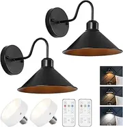 HOJOYRI Vintage Gooseneck Wireless Battery Operated Wall Sconces Set of 2, Black Cordless Battery Powered Led Wall Lamps Decor with Remote, Dimmable Indoor Beside Light Fixture for Bedroom Kitchen