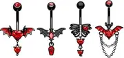 [Niaspi] 4Pcs Stainless Steel Bat Belly Button Rings for Women Girls 14G Red CZ Dangle Belly Navel Rings Belly Curved Barbell Body Piercing Jewelry, Stainless Steel, cubic zirconia