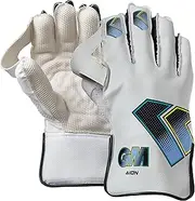 Gunn & Moore GM Cricket Wicket Keeper Keeping Gloves | Aion | Cotton Lining & Pimple Rubber Palm | PVC Faux Leather Back of Hand | Adult | 1 Pair | White, Cyan & Fluro with GM Logo