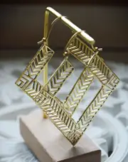 Large Golden Brass Hoop Earrings. Geometric Diamond Shape Abstract Jewellery